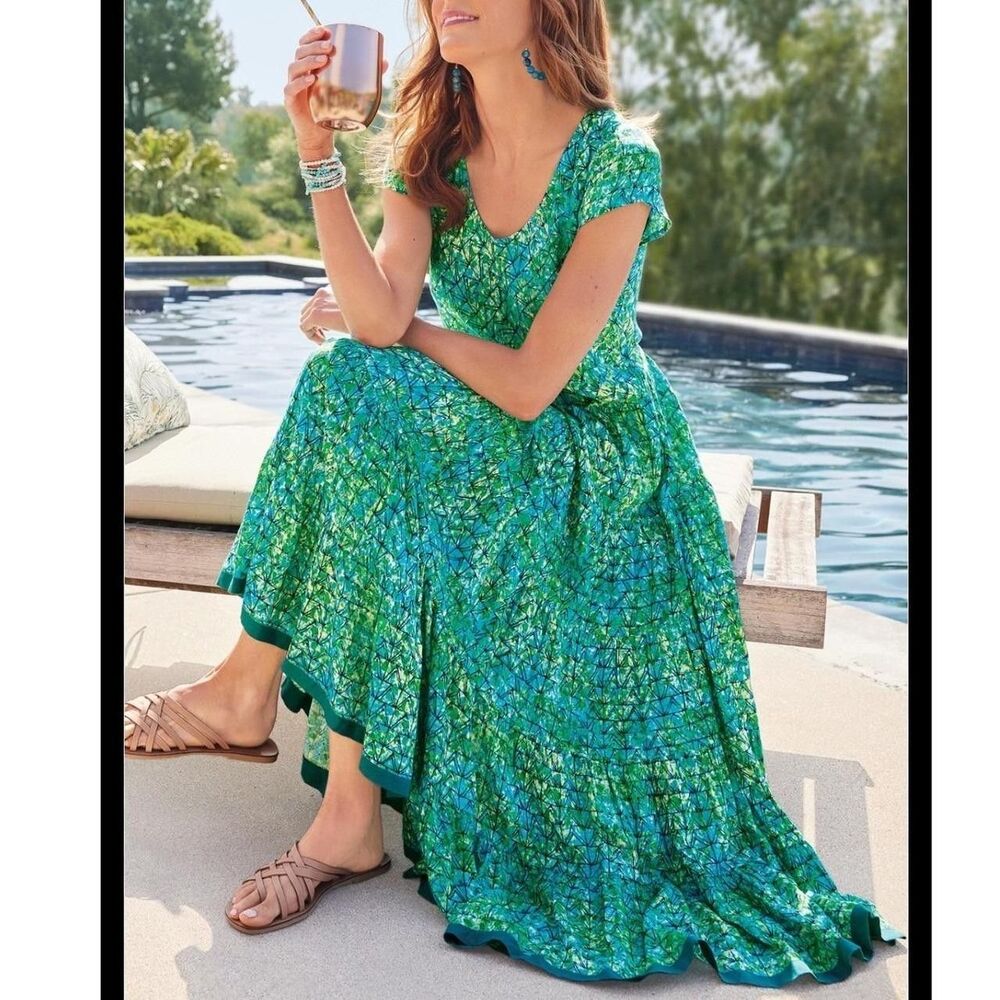 SOFT SURROUNDINGS Green/Blue Geometric Batik "Mariana" Maxi Dress Large - Picture 3 of 13